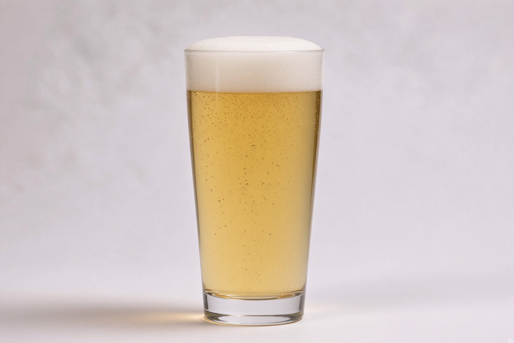 a pint glass of pale beer showing 2 srm color with a white head made with root shoot pilsner malted barley