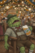 Green hop character in traditional Bavarian lederhosen sitting on a chair with a beer mug at Oktoberfest with saaz hops