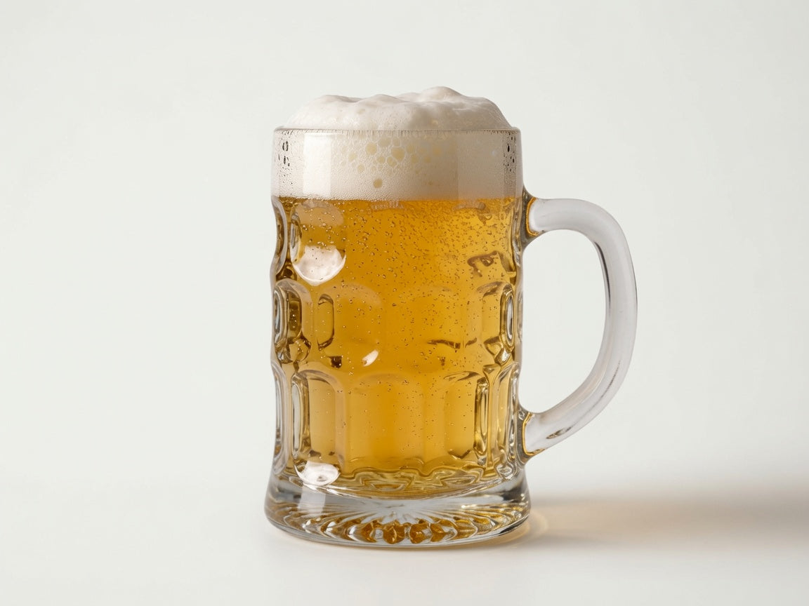 a glass of golden beer with a frothy white foamy head in a heavy scottish mug with simpsons golden promise pale base malt