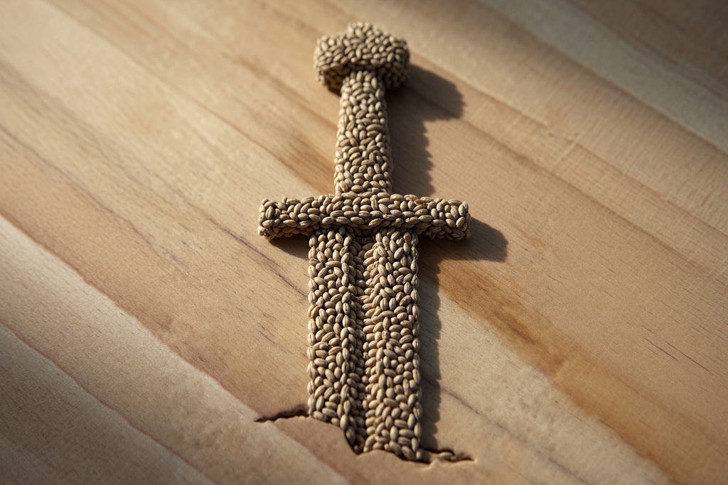 an image of a sword that has pierced a wooden surface that is made of light barley kernals representing simpsons finest pale ale maris otter