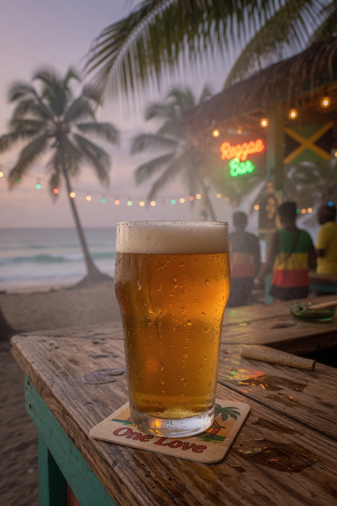 a pine of pale beer on a wooden bar at a tropical reggae beach bar with an ocean background with strata hops