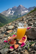 glass of hazy beer on a rocky slope with grapefruit and herbs with maroon bells colorado background and talus hops