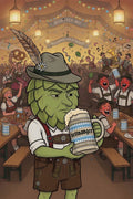 a hop cartoon character intently smelling his beer amid a chaotic oktoberfest scene with tettnang hops