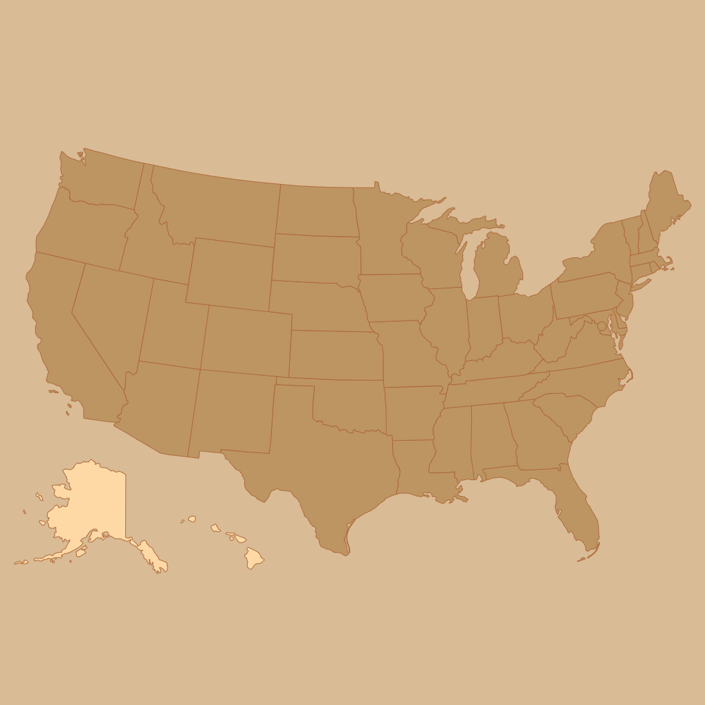 A flat map of the United States in muted tan and brown tones on a beige background, with Alaska and Hawaii highlighted in a lighter cream shade.