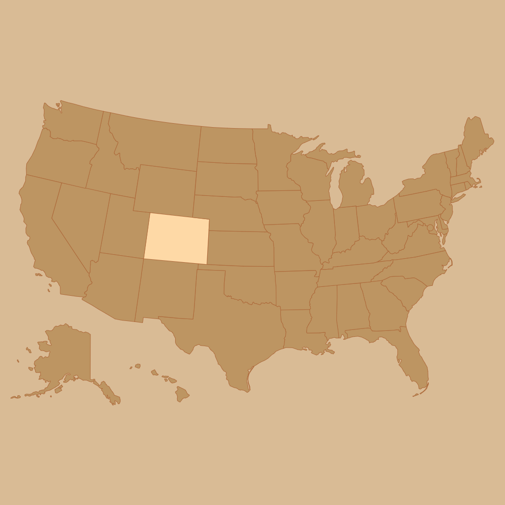 A stylized map of the United States in tan and brown tones on a beige background, with a highlighted state in Colorado at the center.