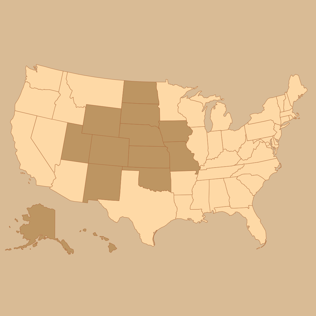 A stylized map of the United States on a tan background, with several states highlighted in a medium brown shade