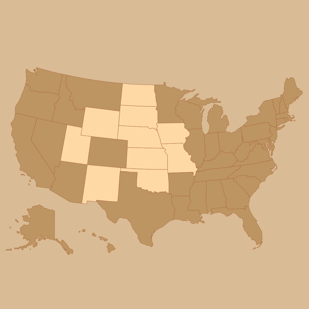 A stylized map of the United States on a tan background, with some states highlighted in lighter beige shades.