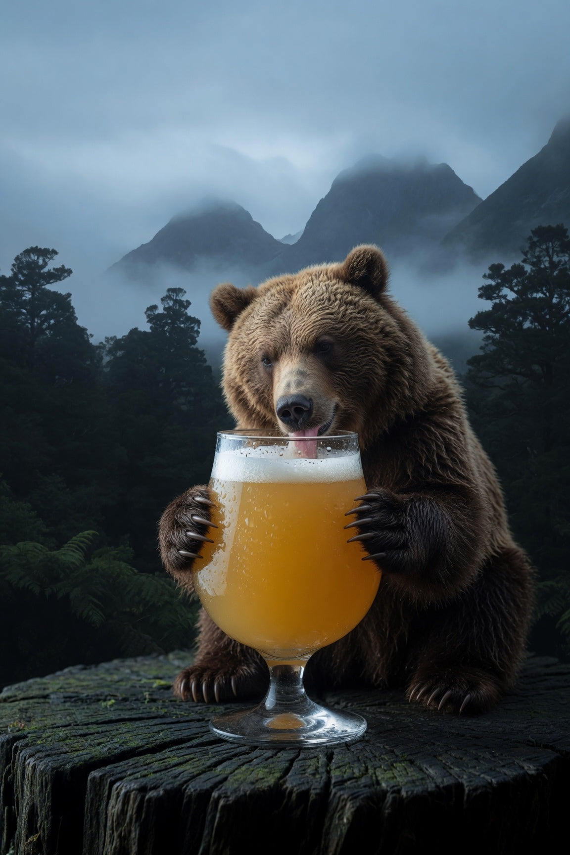 Bear holding a glass of beer with a misty mountain background and wakatu hops