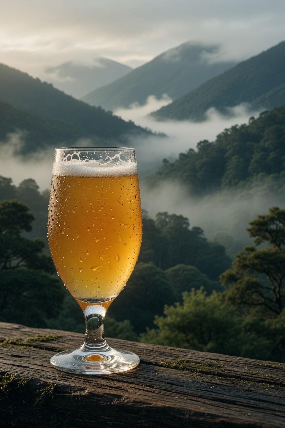 Glass off beer with a misty mountain background in new zealand with wakatu hops