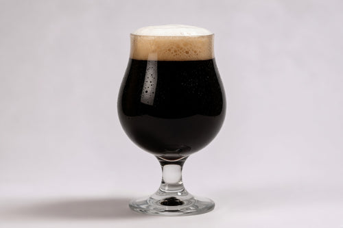 a tulip glass of black beer showing 40 srm color and a tan head made with weyermann carafa special type 2 malted barley