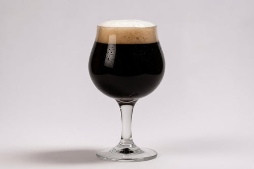 a belgian stem tulip glass with black beer showing 40 srm color and a tan head made with weyermann carafa special type 3 malted barley