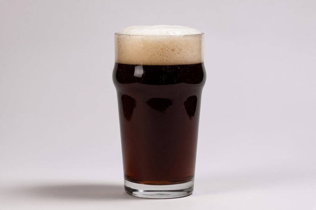 a pint glass of brown beer showing 30 srm color made with weyermann melanoidin malted barley