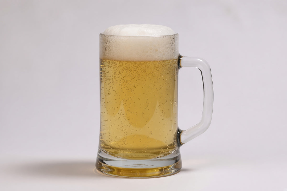 a glass mug of pale beer showing 5 srm color with a large white head made with weyermann oak smoked wheat malted barley