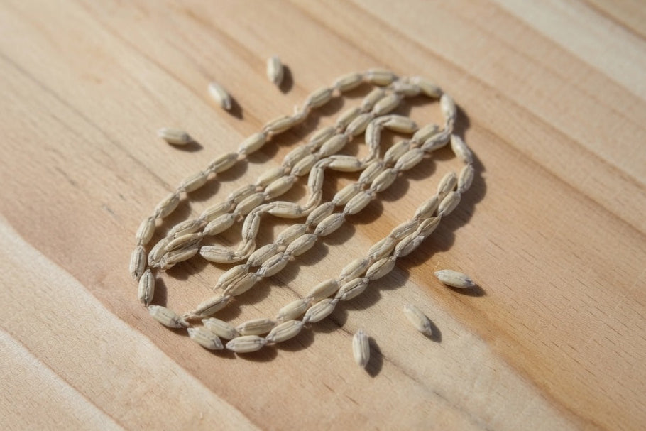 a cluster of weyermann vienna malt on a wooden surface arranged in the shape of a hot dog showing 4 degrees lovibond