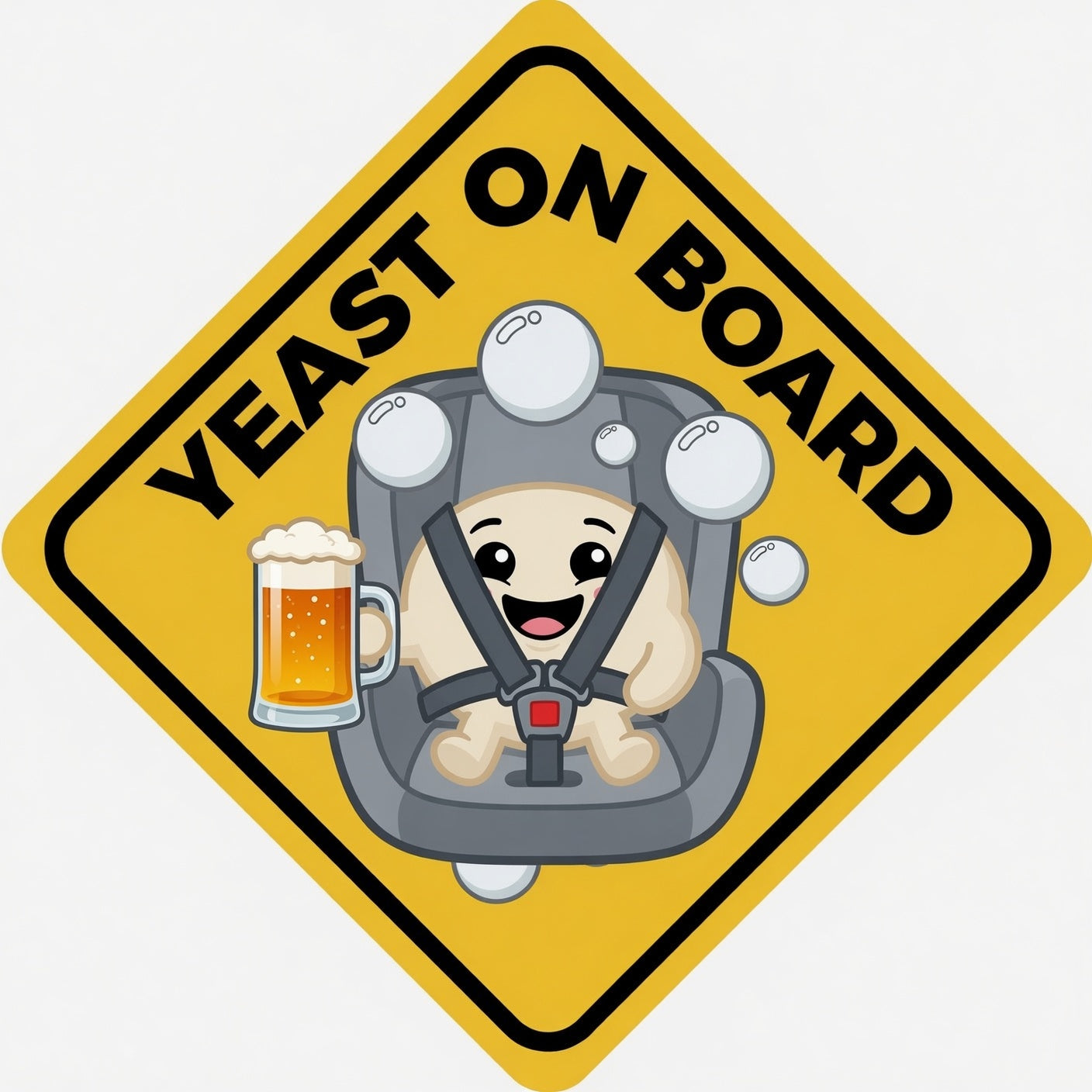 A yellow diamond-shaped sign with black border and the text 'YEAST ON BOARD' in bold black letters. In the center, a cartoon yeast character wearing a gray helmet with white bubbles sits in a gray car seat holding a mug of beer with foam.